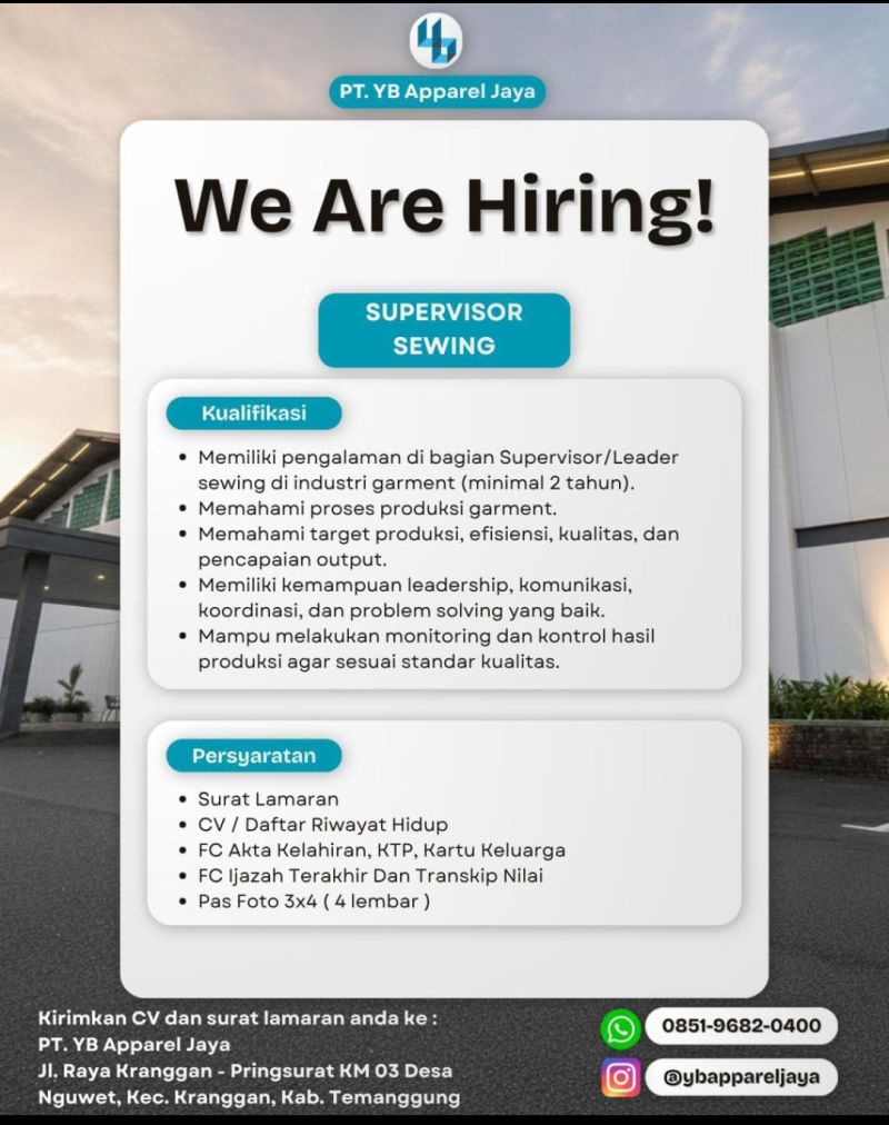 LOWONGAN KERJA PT YB APPAREL JAYA